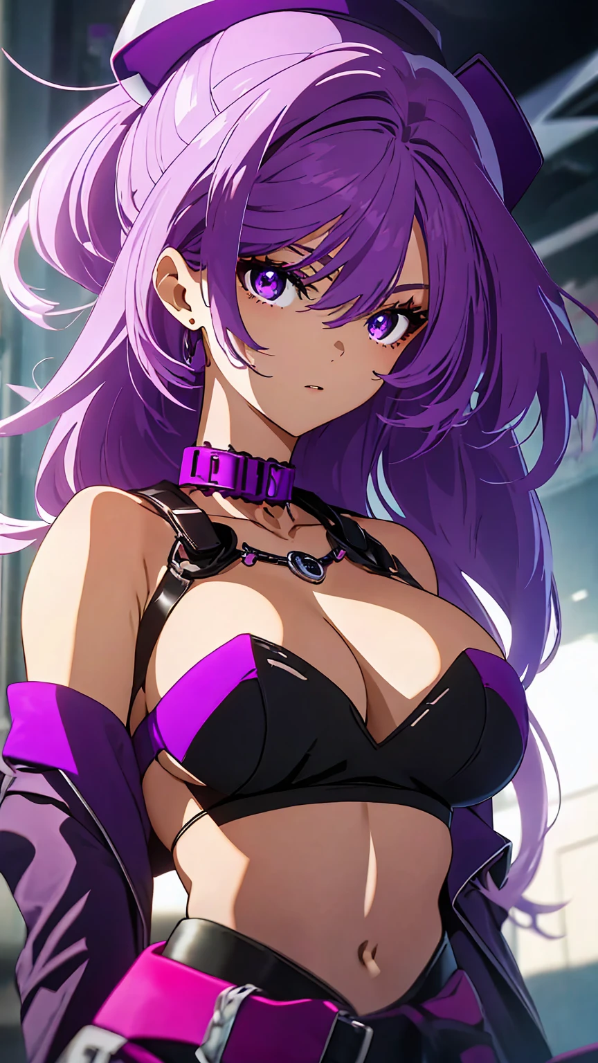 The anime-style image showcases a hot woman with long, wavy hair that transitions from a dark hue at the roots to a captivating vibrant purple at the ends. She dons a black crop top that exposes her defined abdomen, enhancing her athletic build, and accessorizes with a cross-shaped pendant necklace. Atop her head rests a Purple Witch Hat, its rim embellished with purple details and distinctive white lettering. Her expressive, oversized anime eyes, adorned with purple or light brown coloring, gleam with an enchanting allure.

Accessorizing her look further, she wears a Purple leather choker adorned with a