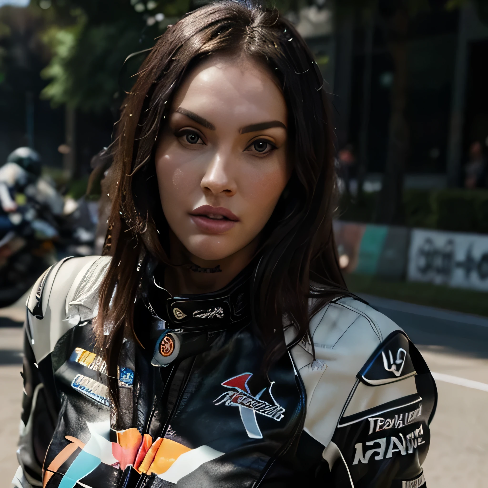 Megan Fox a highly detailed photo of wearing a black leather jacket with the MotoGP logo, beautiful detailed eyes, beautiful detailed lips, extremely detailed face, long eyelashes, intricate leather textures, dynamic motorcycle racing pose, cinematic lighting, dramatic shadows, hyperrealistic, 8k, photorealistic