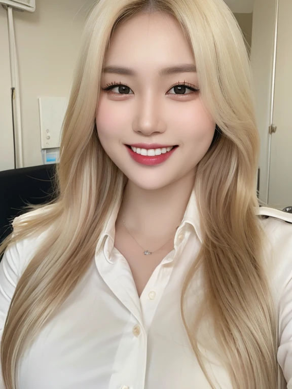 (Best quality, 8k, 32k, Masterpiece, UHD:1.2),Photo of Pretty Japanese woman, 1girl, (long blonde hair), (large breasts), smile, double eyelid, White police uniform, white shirt, open shirt, hospital, patient's room, upper body, sexy