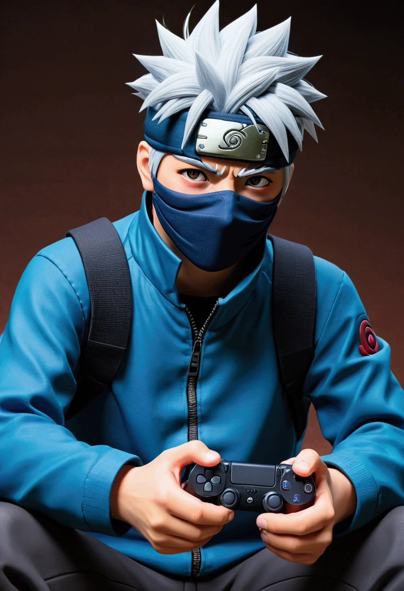 master part, best quality, ultra detali), Retrato do character kakashi from naruto anime utra realista 4k --v 4, he is hold joystick controller playstation