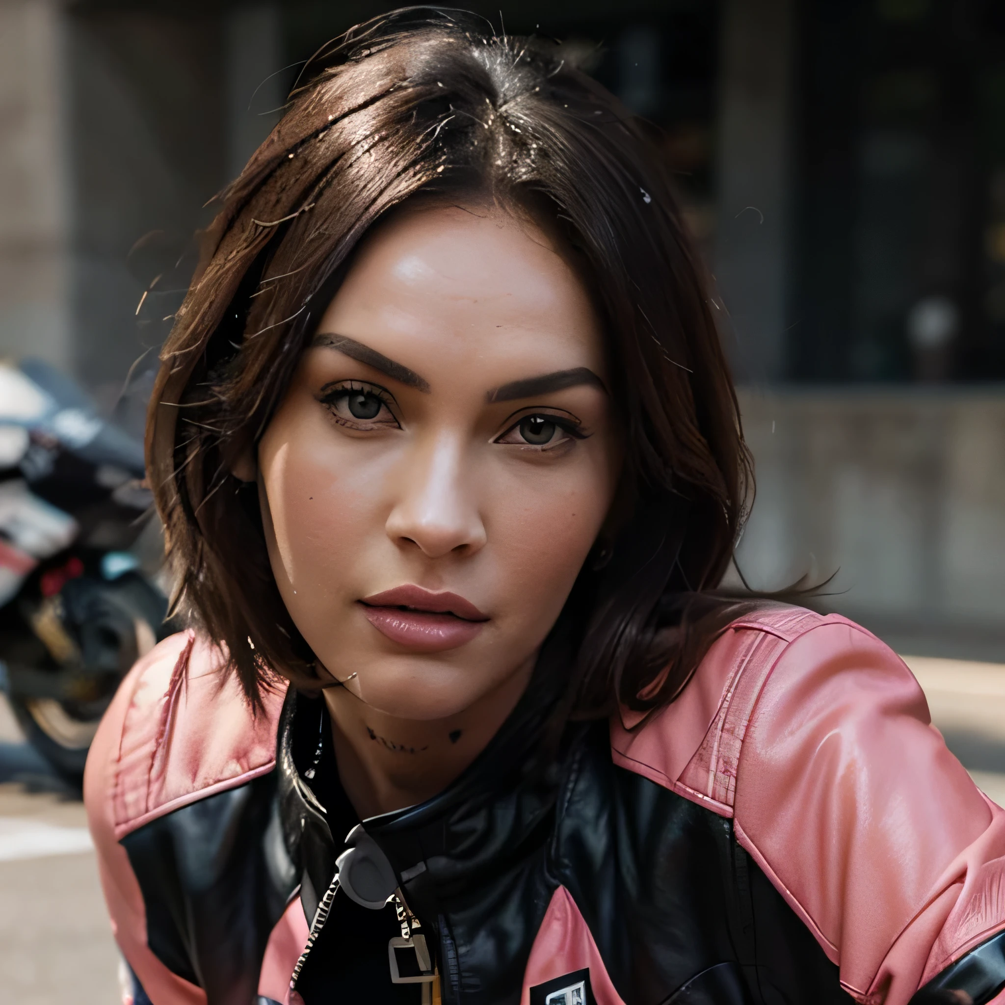 Megan Fox a highly detailed photo of wearing a pink leather jacket with the MotoGP logo, beautiful detailed eyes, beautiful detailed lips, extremely detailed face, long eyelashes, intricate leather textures, dynamic motorcycle racing pose, cinematic lighting, dramatic shadows, hyperrealistic, 8k, photorealistic