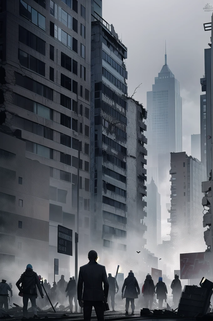 Please draw a scene of a post-apocalyptic world where zombies roam in overwhelming numbers.。In the background is a completely ruined cityscape.、The building collapsed、Roads cracked、Abandoned vehicles are scattered everywhere。The sky is dark and cloudy、There is a gloomy atmosphere throughout。Countless zombies、Overflowing in every corner of the city、They fill the sidewalks and roads。They are corrupt.、Covered in scars、There is a mix of zombies in various states。Zombies are roaming all over the city、They can be seen from inside buildings and through gaps in rubble.。In the center is、Added scenes of survivors desperately trying to escape in a hopeless situation.、Enhance the overall sense of tension and fear。