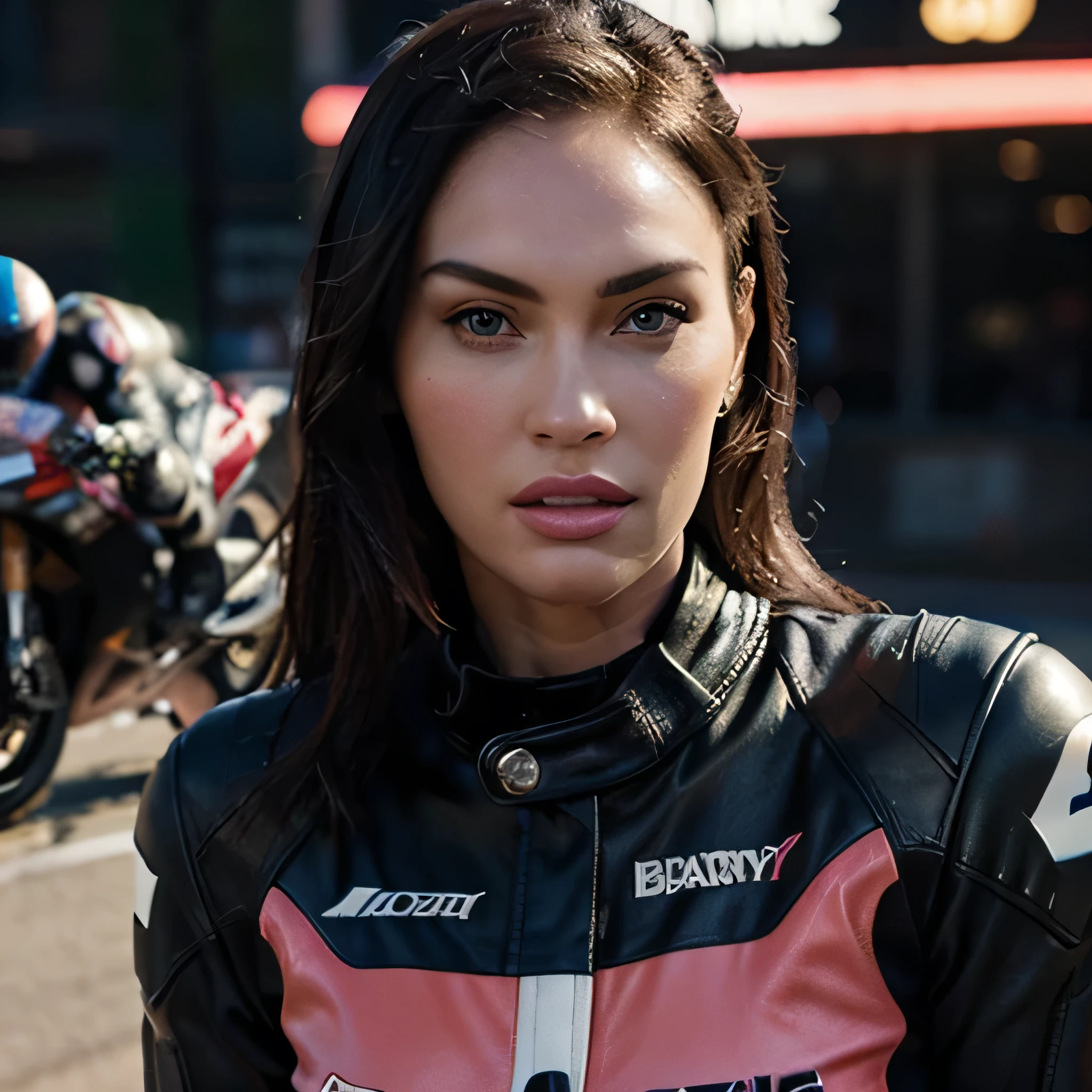 Megan Fox a highly detailed photo of  wearing a pink leather jacket with the MotoGP logo, beautiful detailed eyes, beautiful detailed lips, extremely detailed face, long eyelashes, intricate leather textures, dynamic motorcycle racing pose, cinematic lighting, dramatic shadows, hyperrealistic, 8k, photorealistic