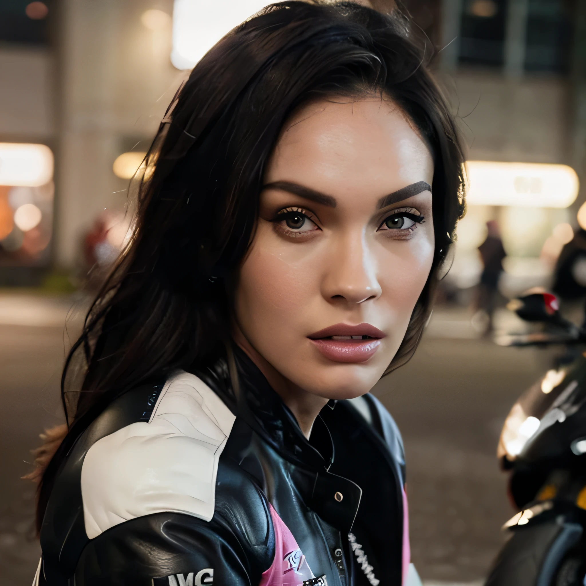 Megan Fox a highly detailed photo of wearing a pink leather jacket with the MotoGP logo, beautiful detailed eyes, beautiful detailed lips, extremely detailed face, long eyelashes, intricate leather textures, dynamic motorcycle racing pose, cinematic lighting, dramatic shadows, hyperrealistic, 8k, photorealistic
