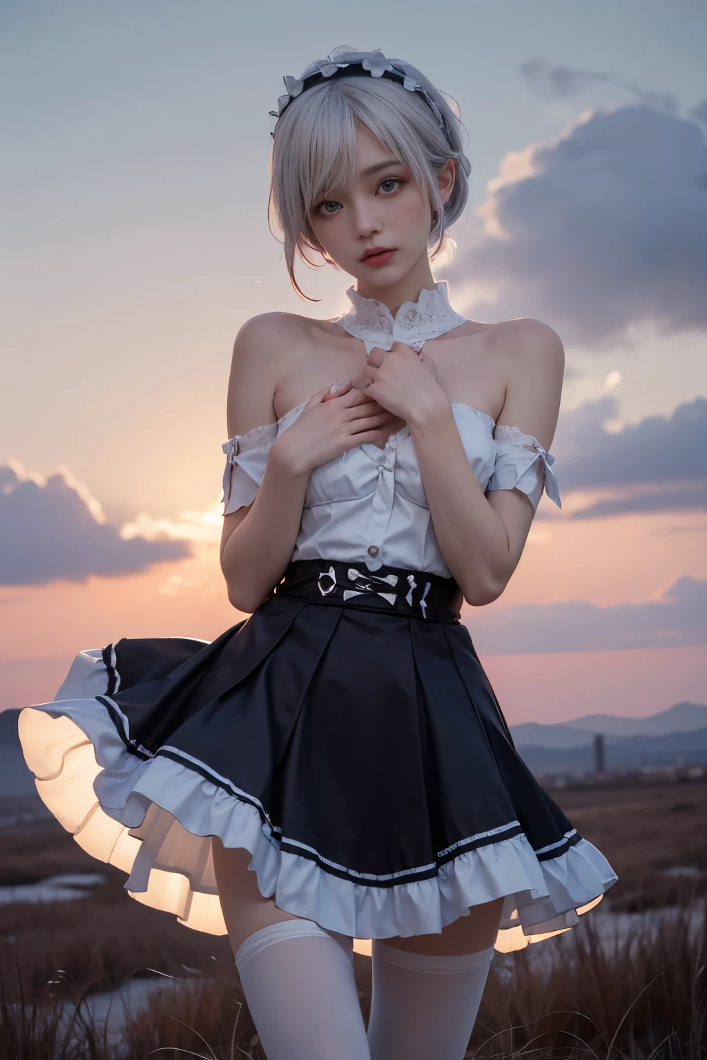 ((masterpiece, 32K,8k,wallpaper, high resolution, Ridiculous resources,RAW photos,)), ((Bare shoulders)), ((The skirt is short)), (realistically:1.5),(Light),(High Detail Skin),smallest tiny Breast Girl,Solitary, Winters,Lace pantyhose,twiLight,Colorful Clouds,wind,Flying hair,Are thin,slender body shape,