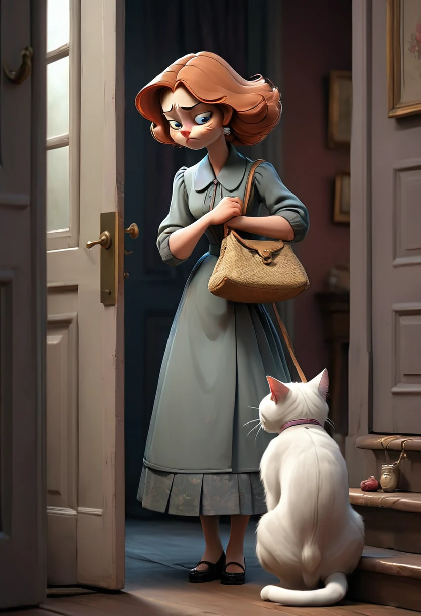 A heartfelt scene showing a cat with a sad expression, holding a small bag in its mouth, as it exits a house. The cat is walking away from the open door, which reveals the warm interior of the house. In the foreground, the mistress is visibly distressed and crying, with tears streaming down her face as she watches the cat leave. The mistress’s emotions are intense, and her posture reflects sadness and regret. The overall atmosphere of the scene is one of sorrow and farewell, with soft, somber lighting to enhance the emotional impact."