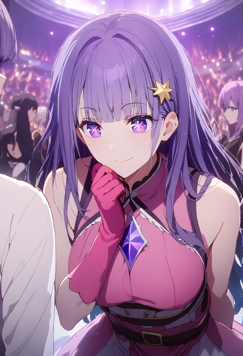great quality ++ Extremely detailed high resolutionolution, very aesthetic, expressive eyes, (((perfect face))), (((face symmetrical))), ((good anatomy)), (((perfect hands))), (((8k))), UHD, HD wallpaper, (((detailed high cal, (((((1girl)))))), only, masterpiece, La Best Quality, high resolution, Highly detailed, (illustration), beautiful detailed eyes, (((combatant))), (((((1girl))))), ((((fullbody)))), (((((Miku Izayoi))))), ((((((((purple hair)))))))), ((((((((purple eyes)))))))), (((rvcm_duotone3_haiRstyle))), (((agglutination))), Combination, (((mature female))), (((bangs))), (((blunt bangs))), (((hime cut))), (((hair ornament))), (((Idol))), (((Concert))), (((dome))), (((dancing))), (((Singing))), (((star-shaped pupils))), ((((purpler hair)))), (((purple eyes))), (((pink dress))), (((Sleeveless Dress))), (((pink gloves))), (((pink thighhighs))), (((belt))), (((narrow shoulders))), (((narrow waist))), (((They are smiling))), Long hair, huge, garden of a castle, (((mature female))), masterpiece, Best Quality, ((masterpiece)), ((best calidra derailed)), Upper part of the body, (((face to face look))),
