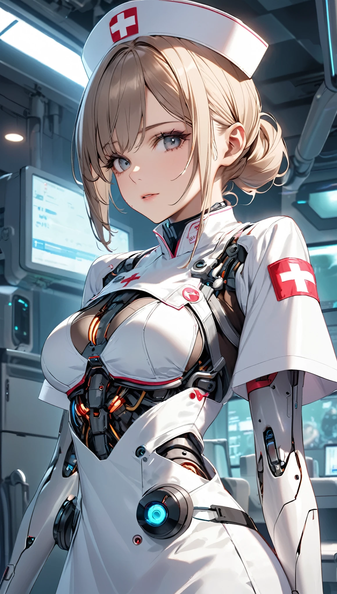 Attractive cyborg nurse, Looking into the patient's face from the side of the bed, We will fully support you during your hospital stay, A refreshing and captivating smile, Sincere love, Devoted Service, BREAK: View from the patient lying in bed, Peek in and see what's going on, BREAK A cyborg that represents a mature woman, It has the appeal to captivate patients, Senior Nurse, specialist,