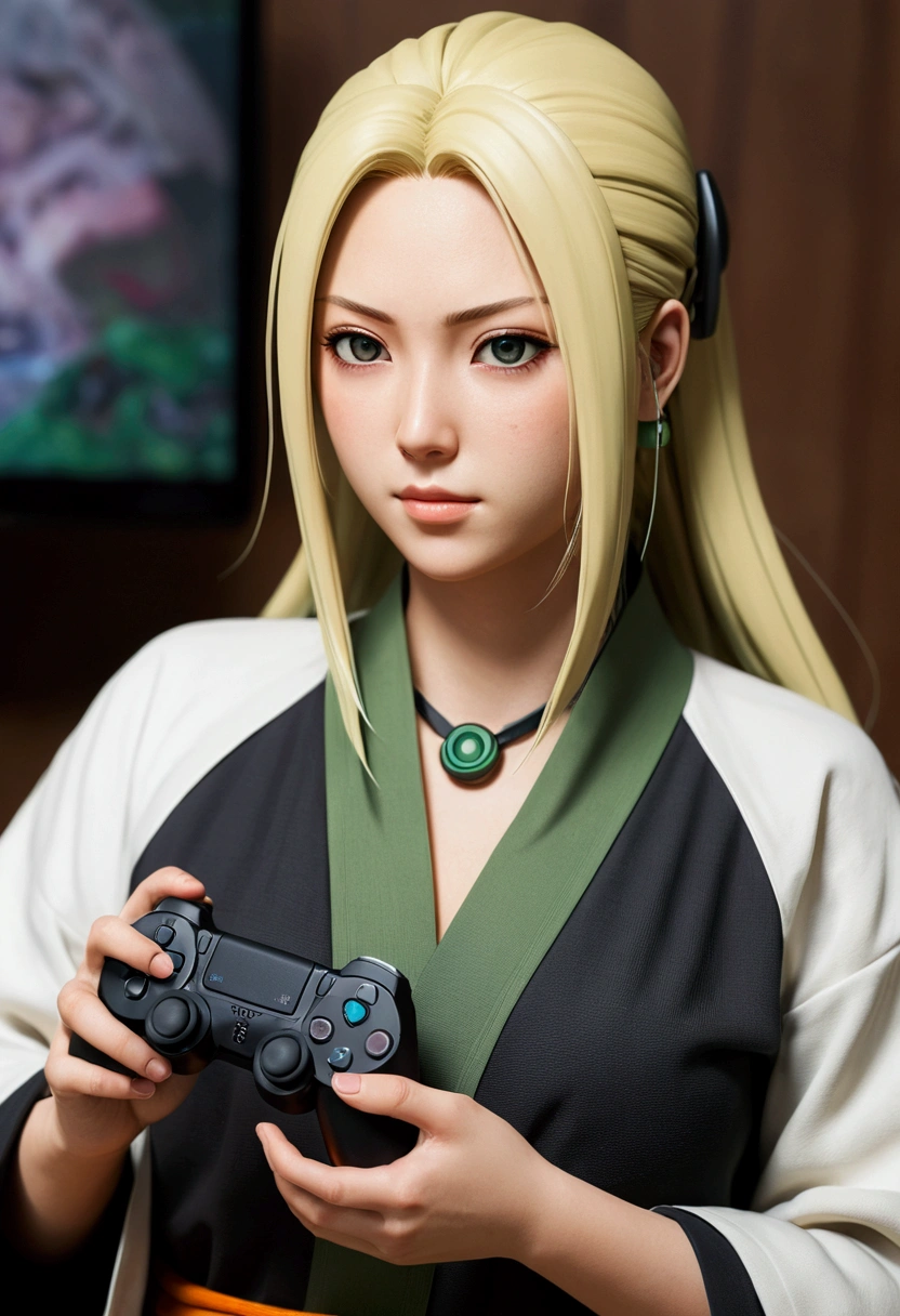 master part, best quality, ultra detali), Retrato do character tsunade from naruto anime utra realista 4k --v 4, she is hold joystick controller playstation