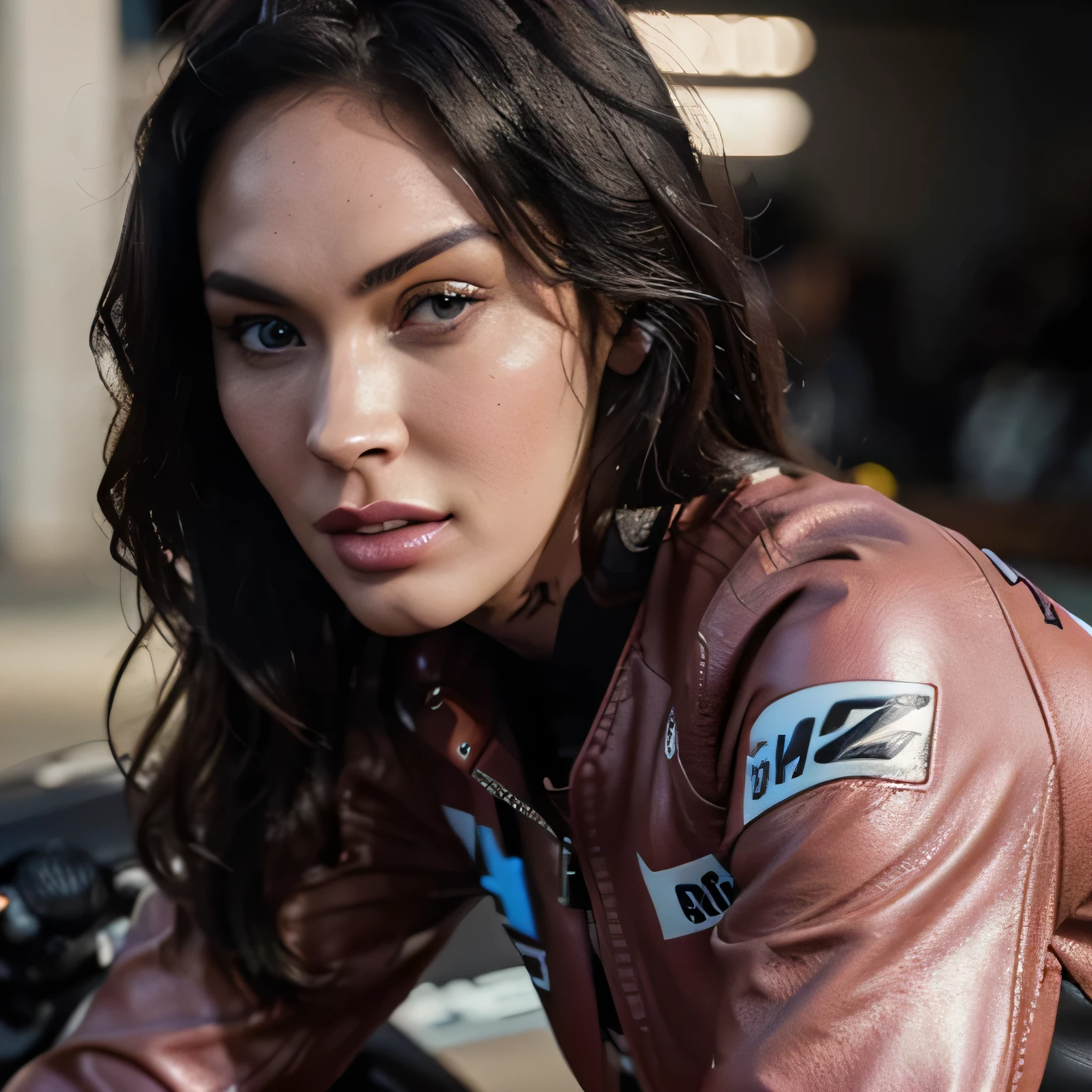 Megan Fox a highly detailed photo of wearing a pink leather jacket with the MotoGP logo, beautiful detailed eyes, beautiful detailed lips, extremely detailed face, long eyelashes, intricate leather textures, dynamic motorcycle racing pose, cinematic lighting, dramatic shadows, hyperrealistic, 8k, photorealistic