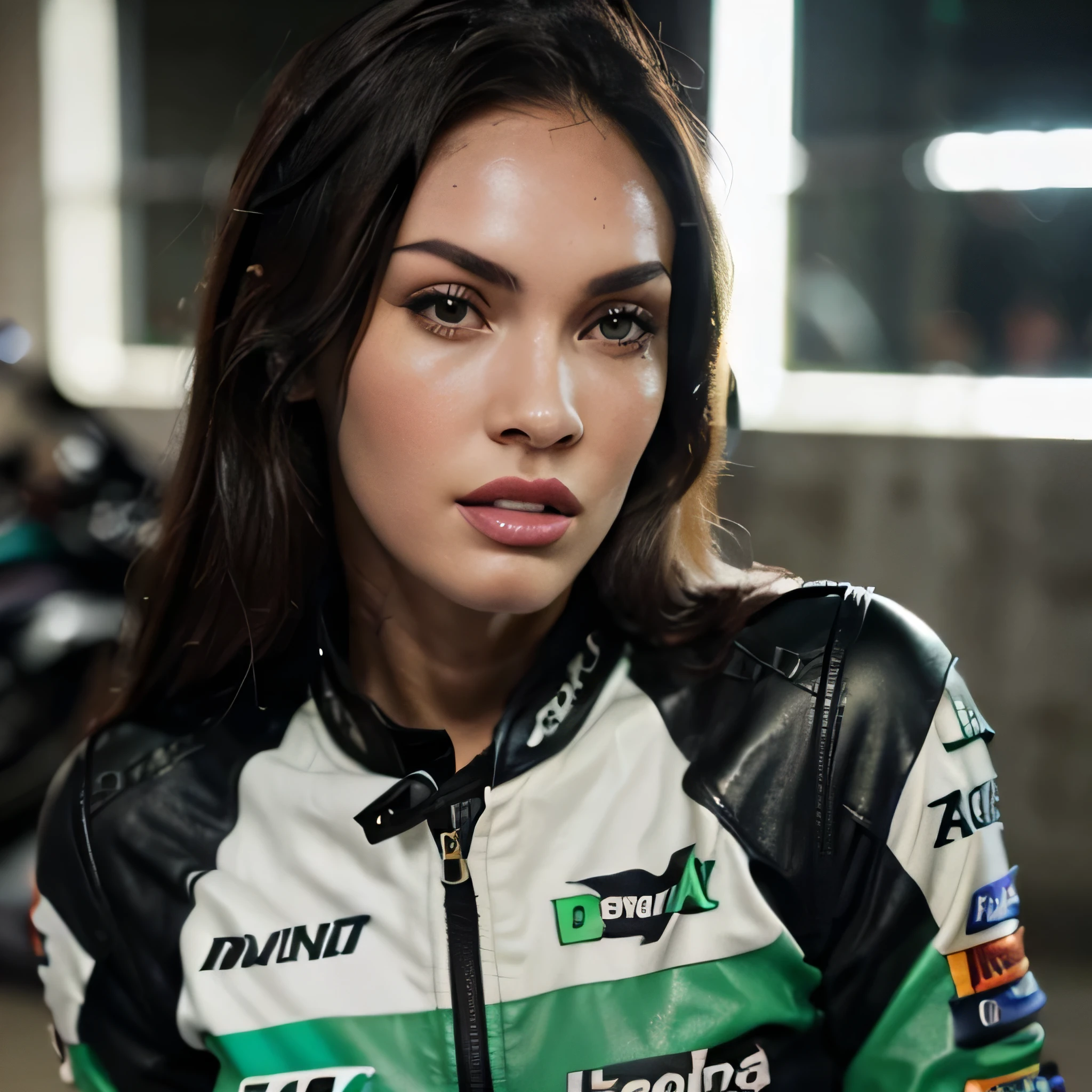 Megan Fox a highly detailed photo of  wearing a Green leather jacket with the MotoGP logo, beautiful detailed eyes, beautiful detailed lips, extremely detailed face, long eyelashes, intricate leather textures, dynamic motorcycle racing pose, cinematic lighting, dramatic shadows, hyperrealistic, 8k, photorealistic