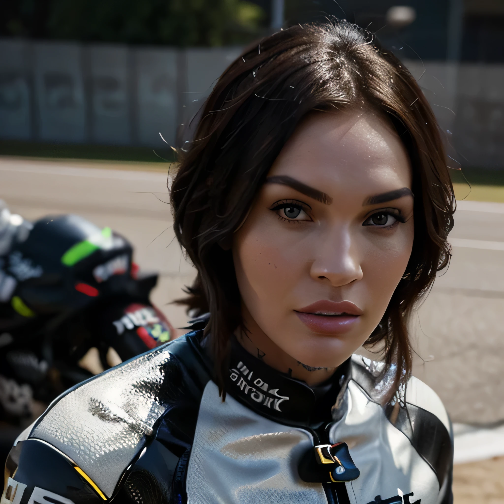 Megan Fox a highly detailed photo of wearing a latex with the MotoGP logo, beautiful detailed eyes, beautiful detailed lips, extremely detailed face, long eyelashes, intricate leather textures, dynamic motorcycle racing pose, cinematic lighting, dramatic shadows, hyperrealistic, 8k, photorealistic