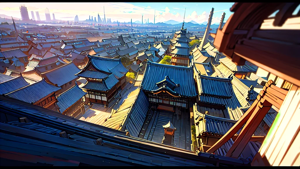 Smiling beauty　Turn around　Low - Angle　Beautifully detailed cityscape　Edo Period