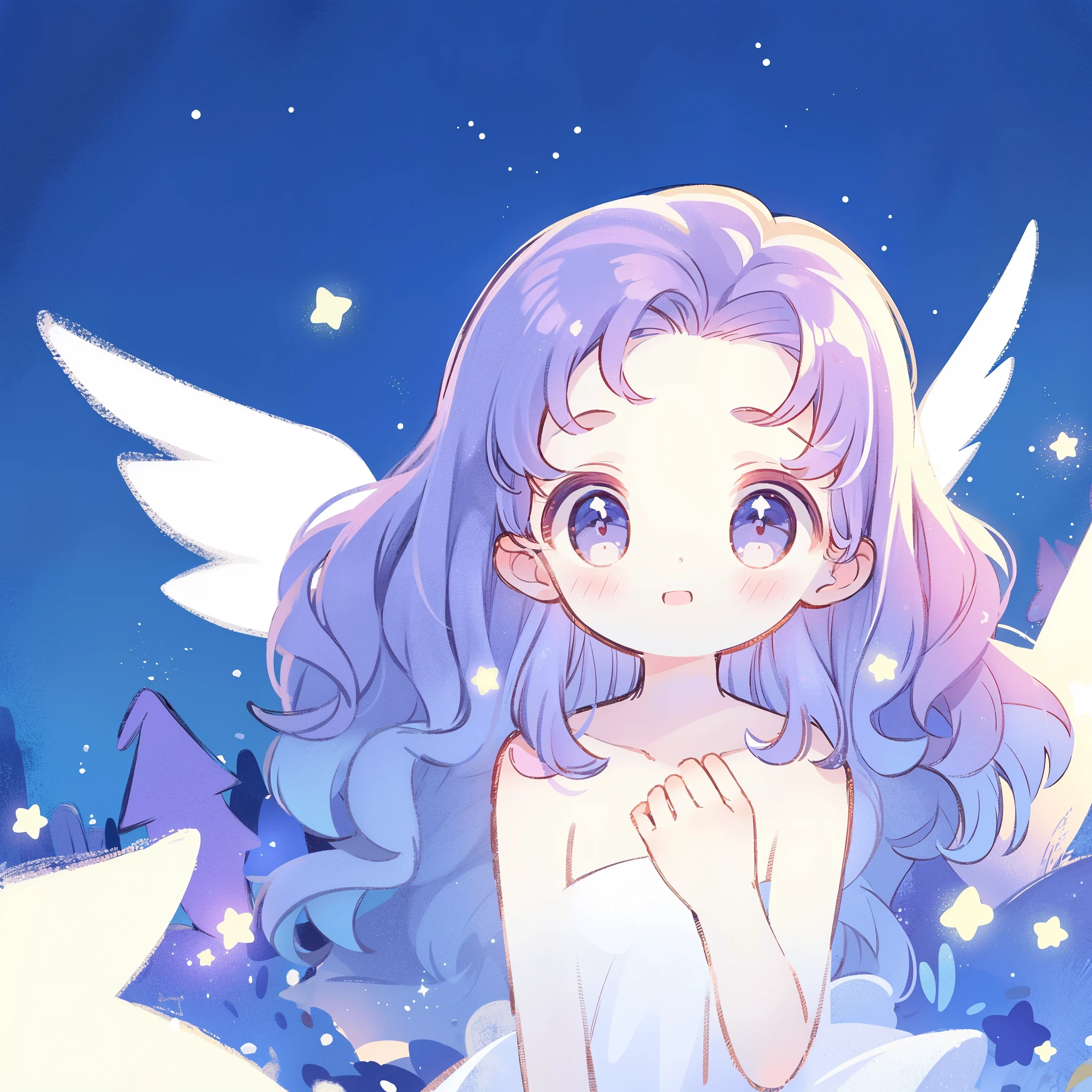 nude angel girl wearing an ethereal translucent dress, pale skin, ((wavy gradient blue purple hair)), white feathers, angel wings, sparkling detailed eyes, golden ratio face, perfect composition, highly detailed, ethereal, (starry night sky background), midjourney style
