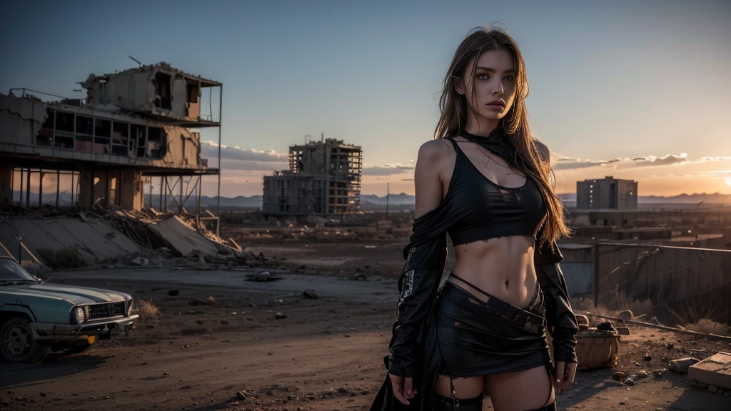 ((masterpiece, best quality, Highest image quality, high resolution, Reality, RAW photos, 8K)), Future city ruins,The post-nuclear world,desert,Beautiful girl,Broken clothes,Pretty face,dirty,Closed mouth,dramatic,Mid-range portrait,dusk