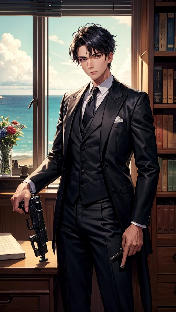 A young man in his office, wearing a black costume, smoking, with a gun next to him, a bookshelf behind him, and a window overlooking the sea.