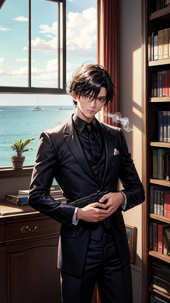 A young man in his office, wearing a black costume, smoking, with a gun next to him, a bookshelf behind him, and a window overlooking the sea.