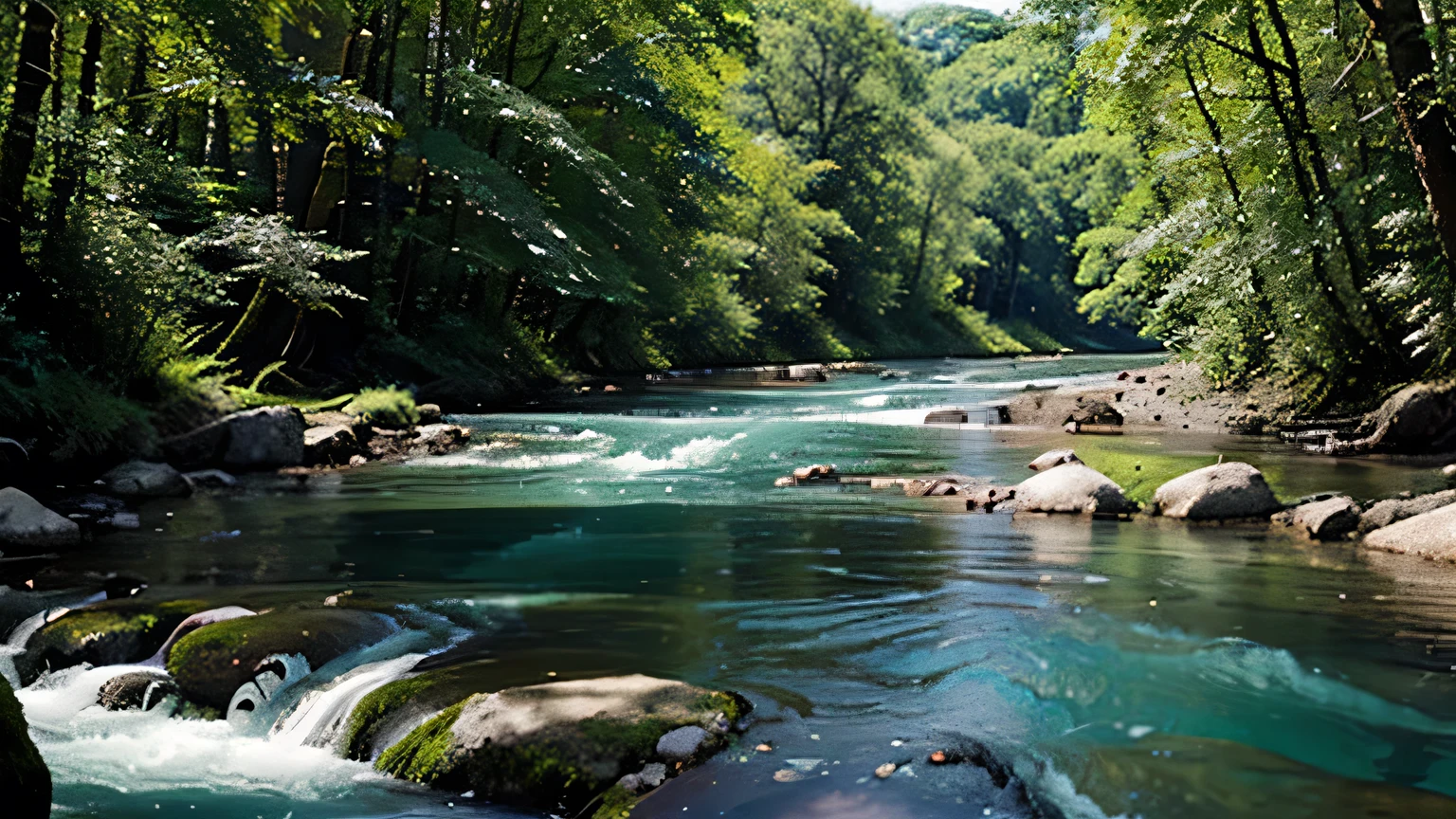 A winding river with crystal clear water, flowing between lush trees"