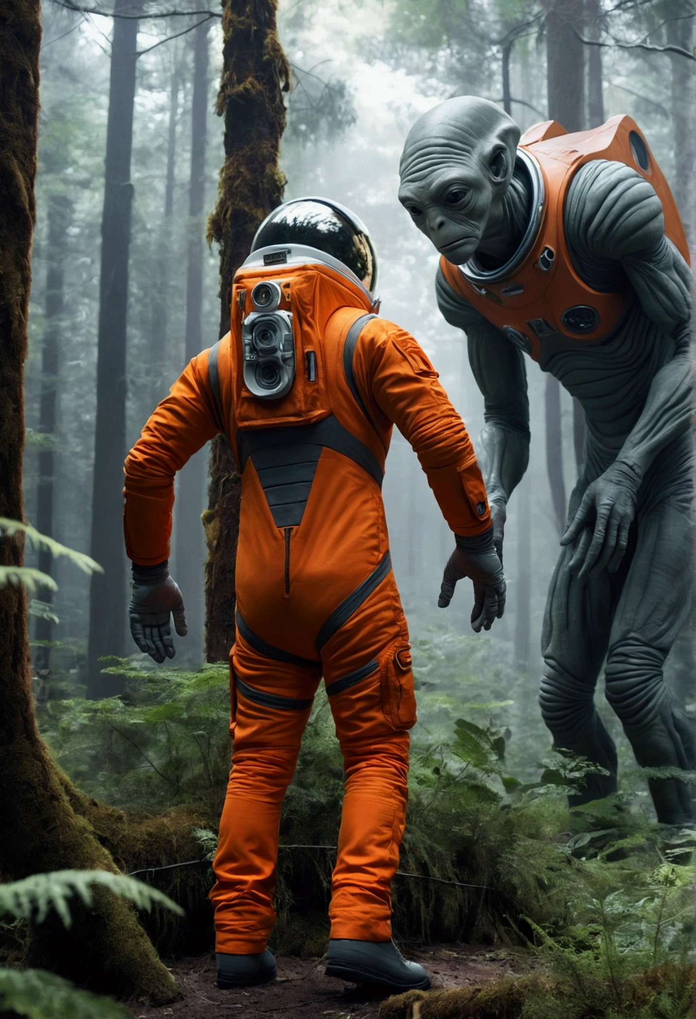 best quality, imposing, epic scene, astronaut in orange suit looking face to face with a giant alien with completely gray body color in a dense forest