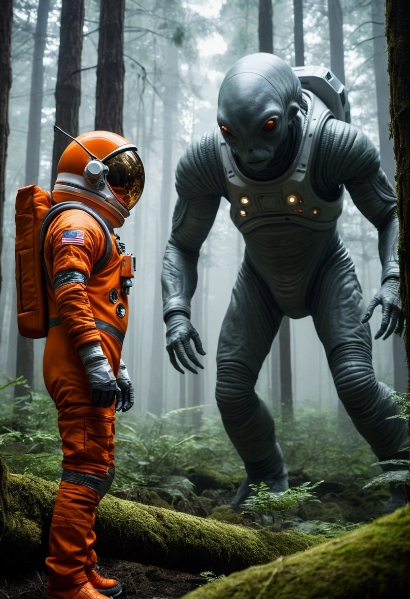 best quality, imposing, epic scene, astronaut in orange suit looking face to face with a giant alien with completely gray body color in a dense forest