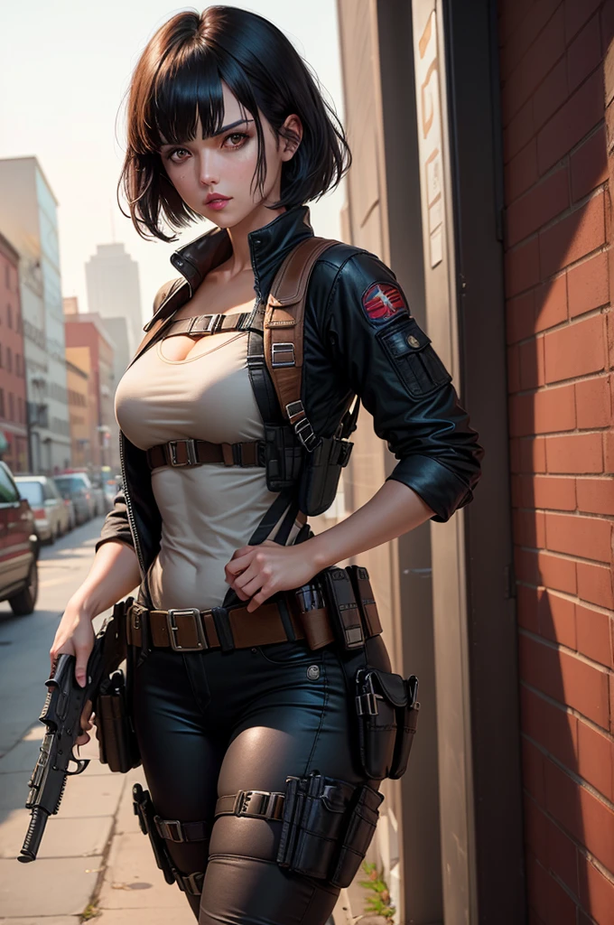 Resident Evil girl medium black hair with bangs black clothes holster holding gun