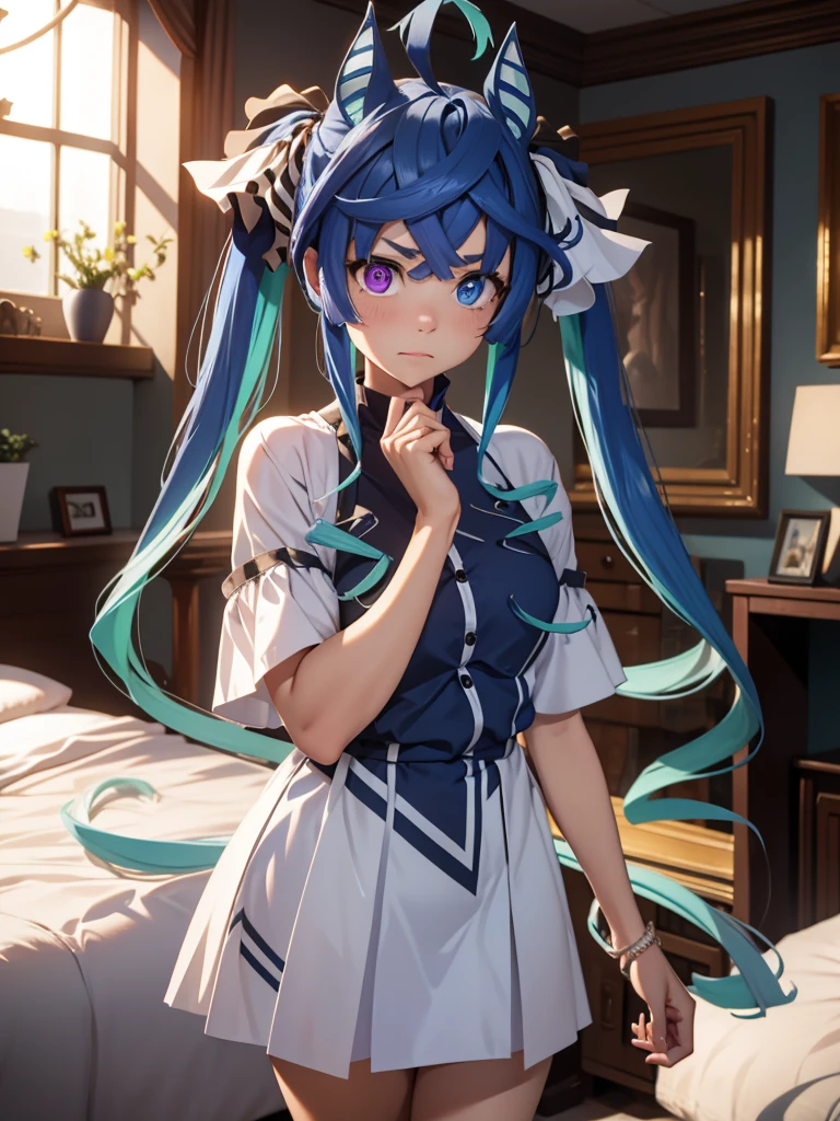 (masterpiece、top-quality、hight resolution、Unity 8k、extremely details CG:1,Best Picture), A married woman, disheveled appearance, looking guilty and ashamed, wedding ring visible, in a bedroom, dim lighting. Twin_Turbo_Umamusume, aqua hair, twintails, heterochromia, purple eyes, blue eyes, nsfw