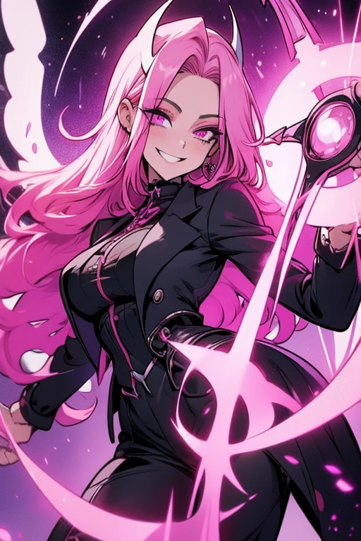 Perfect face. Perfect hands. A pink haired woman with violet eyes with an hourglass figure in a black lace dress is helping a with a box with a big smile
