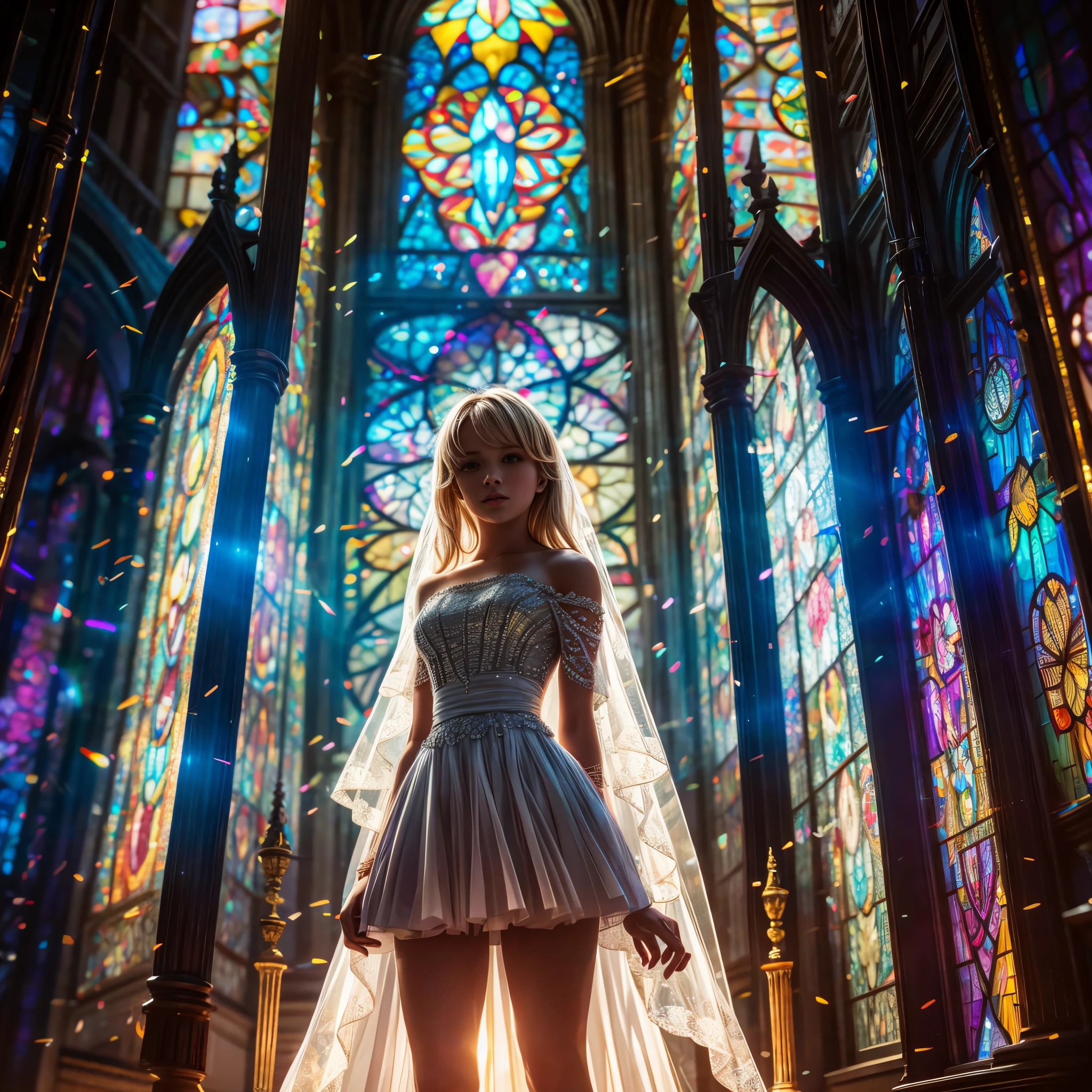  (Cathedral from below:1.28) (ZoomLayer) TopQuality 8K masterpiece of ((Professional photo)), (((Clarisse de Cagliostro))) (Detailed White WeddingDresses), Chain, (((Extremely detailed KAWAII face))) {((VeiledFace))|BlondeHair|(Elaborate BuleEyes)with(SparklingHighlights:1.28)}, The background is distant (((Elaborate stained glass))) Rainbow Glass, {(MysticSight)|EnchantingAtmosphere|Haze|(GodRays)|TyndallEffect}, Radiant PearlSkin with Transparency, (Exposed:0.39)