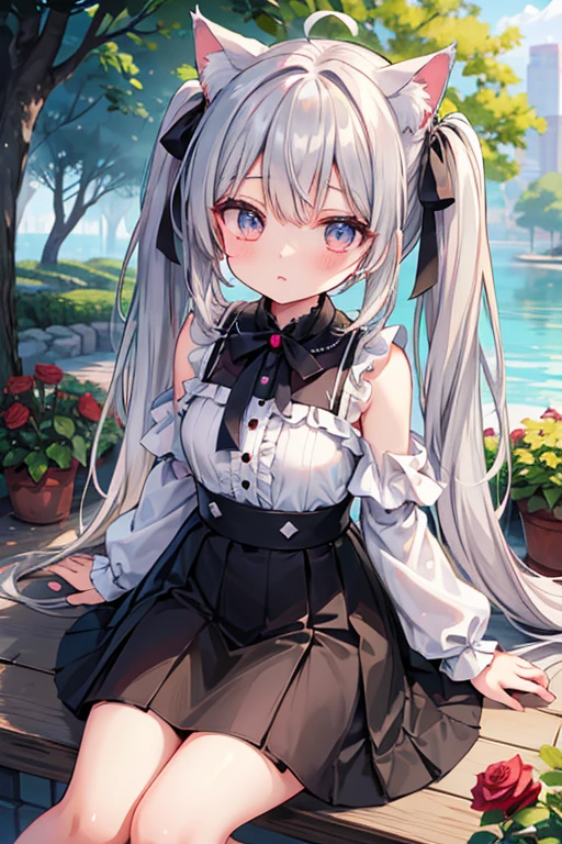 Gray Hair,Half Twin,,Eyes are red,Gray Hairのアニメ風,背景はRose,Hair is about shoulder length,Twin tails up to the neck,A little more perspective,背景はRose園,Sitting,The tail is growing,Half Twinに黒のリボンを巻いてる,背景が一面のRose,Twin tails down to the neck,Long black ribbon,Rose,Tie a ribbon in your hair,The tail is three colors,Tree Eyes,Confused eyes,The cat&#39;s tail is growing,Skirt black,mini skirt