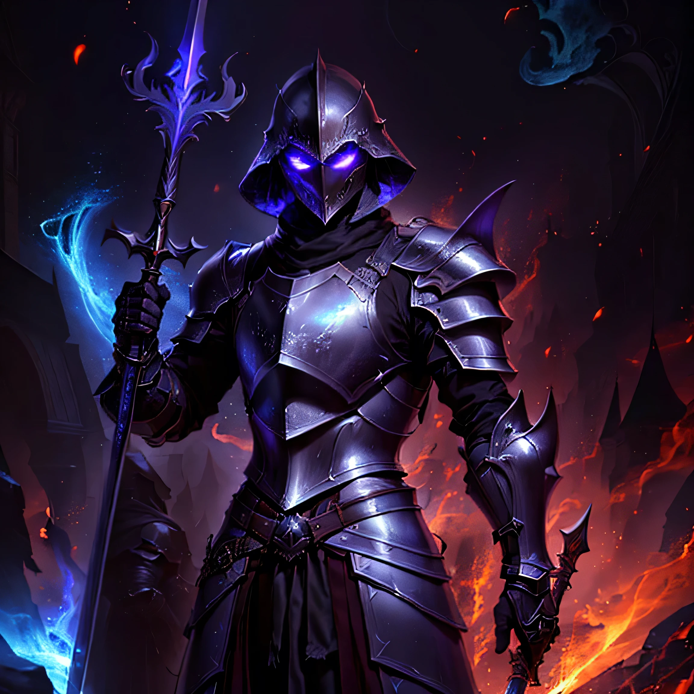 there is a man in armor holding a sword and a staff, league of legends night, character welcome art, evil knight, epic fantasy digital art style, painted in the arcane style, shadow armor, iconic character welcome art, dark armor, dueling style, shadow paladin, epic fantasy art style, full portrait of the magic knight, fantasy knight