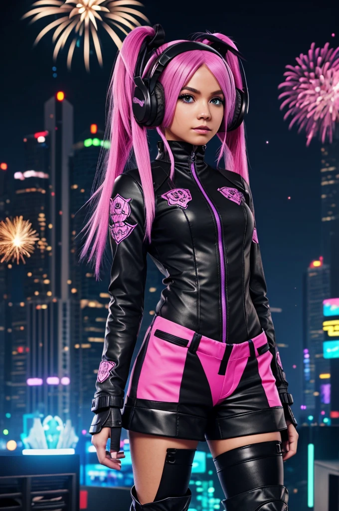 Outfit: The character is wearing a black outfit with neon green skeleton designs on the front.
Hair: The character has pink hair styled in long pigtails.
Headgear: The character is wearing large headphones over their head.
Eyes: The character has large, blue, blocky eyes typical of voxel-based character designs.
Boots: The character is wearing black boots with purple accents.
Background: The background features a night scene with fireworks and a futuristic or fantasy cityscape.