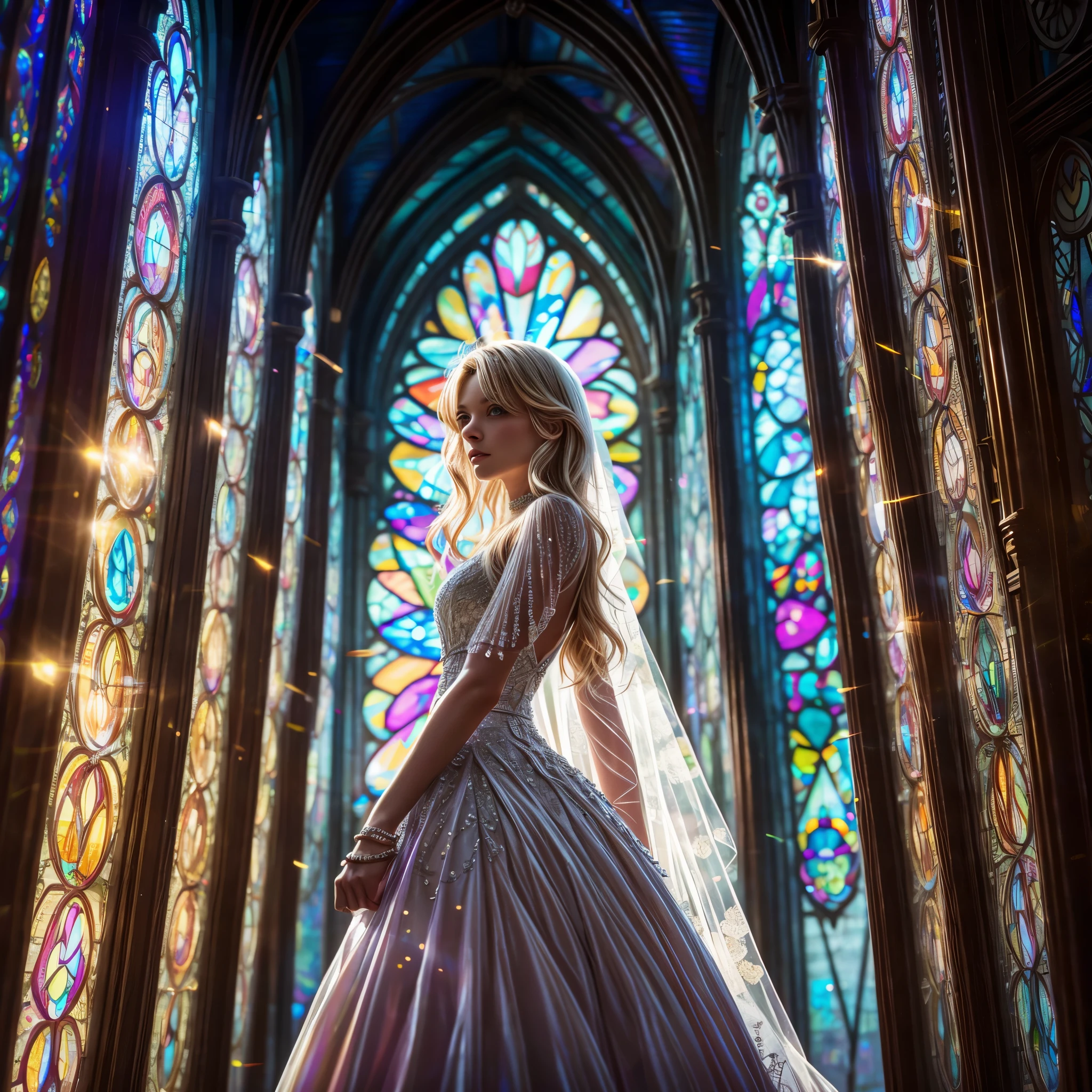 (Cathedral from below:1.28) (ZoomLayer) TopQuality 8K masterpiece of ((Professional photo)), (((Clarisse de Cagliostro))) (Detailed White WeddingDresses), Chain, (((Extremely detailed KAWAII face))) {((VeiledFace))|BlondeHair|(Elaborate BuleEyes)with(SparklingHighlights:1.28)}, The background is distant (((Elaborate stained glass))) Rainbow Glass, {(MysticSight)|EnchantingAtmosphere|Haze|(GodRays)|TyndallEffect}, Radiant PearlSkin with Transparency, (Exposed:0.39)