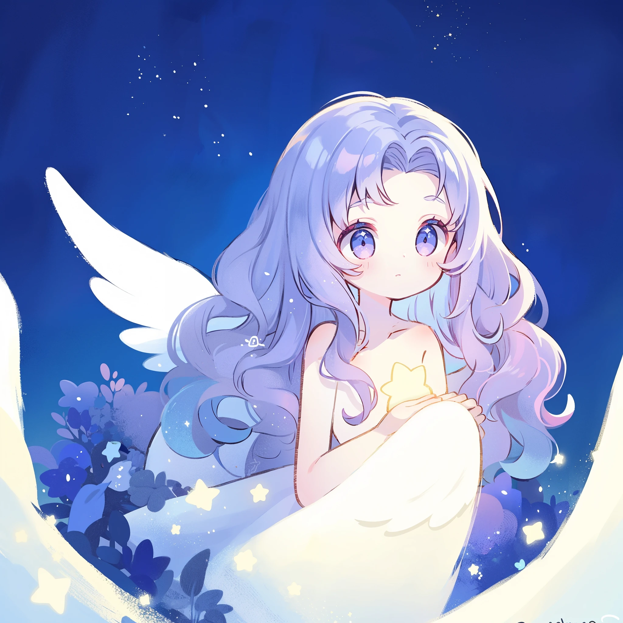 nude angel girl wearing an ethereal translucent dress, pale skin, ((wavy gradient blue purple hair)), white feathers, angel wings, sparkling detailed eyes, golden ratio face, perfect composition, highly detailed, ethereal, (starry night sky background), midjourney style