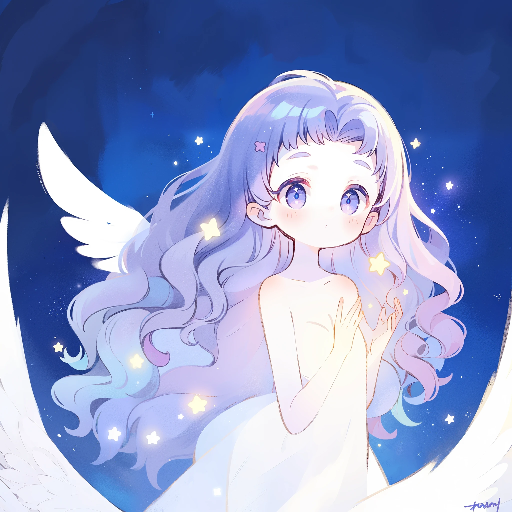 nude angel girl wearing an ethereal translucent dress, pale skin, ((wavy gradient blue purple hair)), white feathers, angel wings, sparkling detailed eyes, golden ratio face, perfect composition, highly detailed, ethereal, (starry night sky background), midjourney style