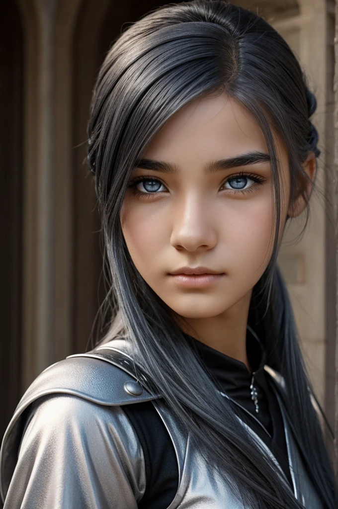  girl, fantasy world style, gray eyes with a slight blue color within them, straight black hair except for 2 silver strands, profiled face, profiled nose.