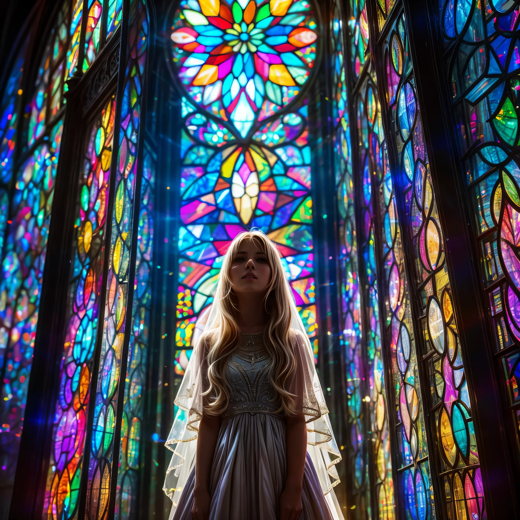 (Cathedral from below:1.28) (ZoomLayer) TopQuality 8K masterpiece of ((Professional photo)), (((Clarisse de Cagliostro))) (Detailed White WeddingDresses), Chain, (((Extremely detailed KAWAII face))) {((VeiledFace))|BlondeHair|(Elaborate BuleEyes)with(SparklingHighlights:1.28)}, The background is distant (((Elaborate stained glass))) Rainbow Glass, {(MysticSight)|EnchantingAtmosphere|Haze|(GodRays)|TyndallEffect}, Radiant PearlSkin with Transparency, (Exposed:0.39)