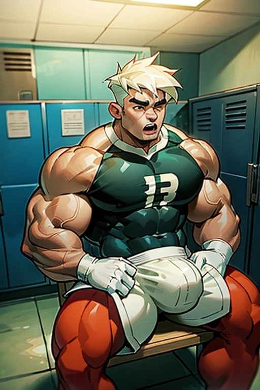 Danny Fenton in a locker room sitting on a wooden bench and listening to a hypnotic MP.3 player turning him into a stereotypical football jock just like Dash Baxter. hyper muscles. Big biceps. Big triceps. Big traps. big lats. big deltoids. Big meaty pecs. Swollen crotch bulge. Tenting crotch. Open mouth. Blank stare. IQ drain. Dumber and dumber. big dumb jock. Jock assimilation. Hypnosis. Hypnotic trance. Brainwashing. Brainwashed. Hypnotized. Entranced. Jock assimilation. Jock conversion. Meathead. Musclehead. Brute. Bro. "I hear ... I obey.... I am where I belong.... I am in a locker room.... Jocks belong in a locker room... Yes, ... I ... am a jock.... Just a dumb ... muscular jock...."