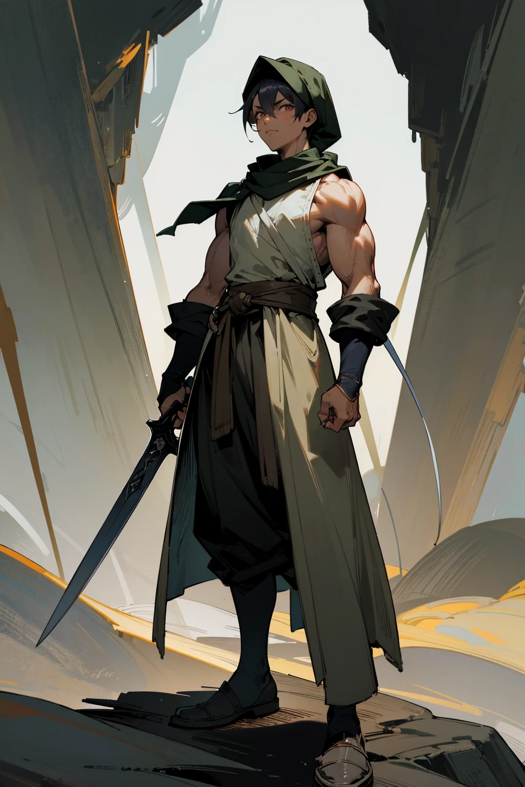 Masterpiece Quality, Perfect Generation, Sclera, Detailed Eyes, , Clothing, Calm Expression, , Dark Cave Background, Full Body, facing viewer, Standing , , ,, , combat clothing, , random color hair, random style, Random Eyes, Muscular, , , male, , strong, confident, daggers, Durag, dark skin