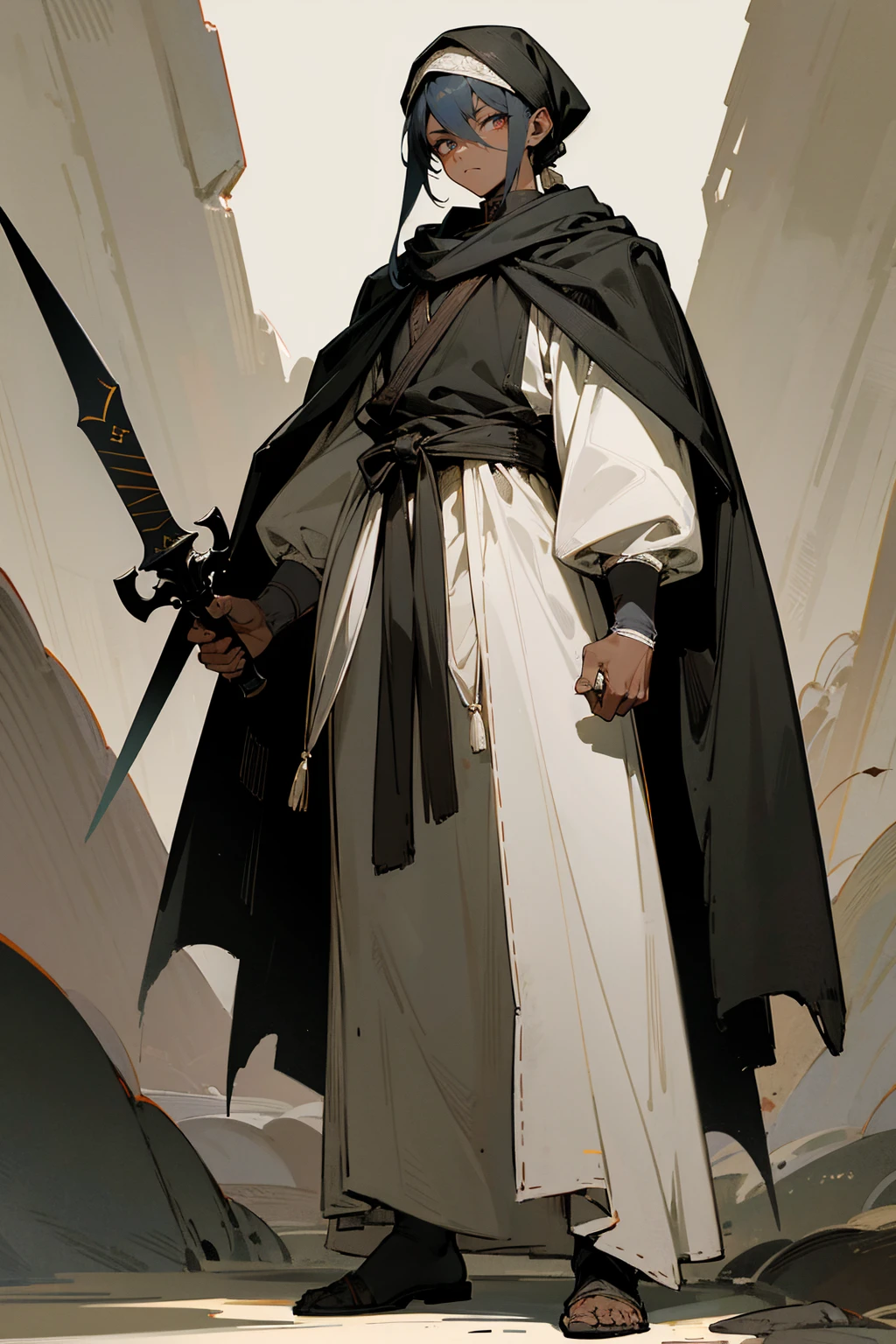 Masterpiece Quality, Perfect Generation, Sclera, Detailed Eyes, , Clothing, Calm Expression, , Dark Cave Background, Full Body, facing viewer, Standing , , ,, , combat clothing, , random color hair, random style, Random Eyes, Muscular, , , male, , strong, confident, daggers, Durag, dark skin