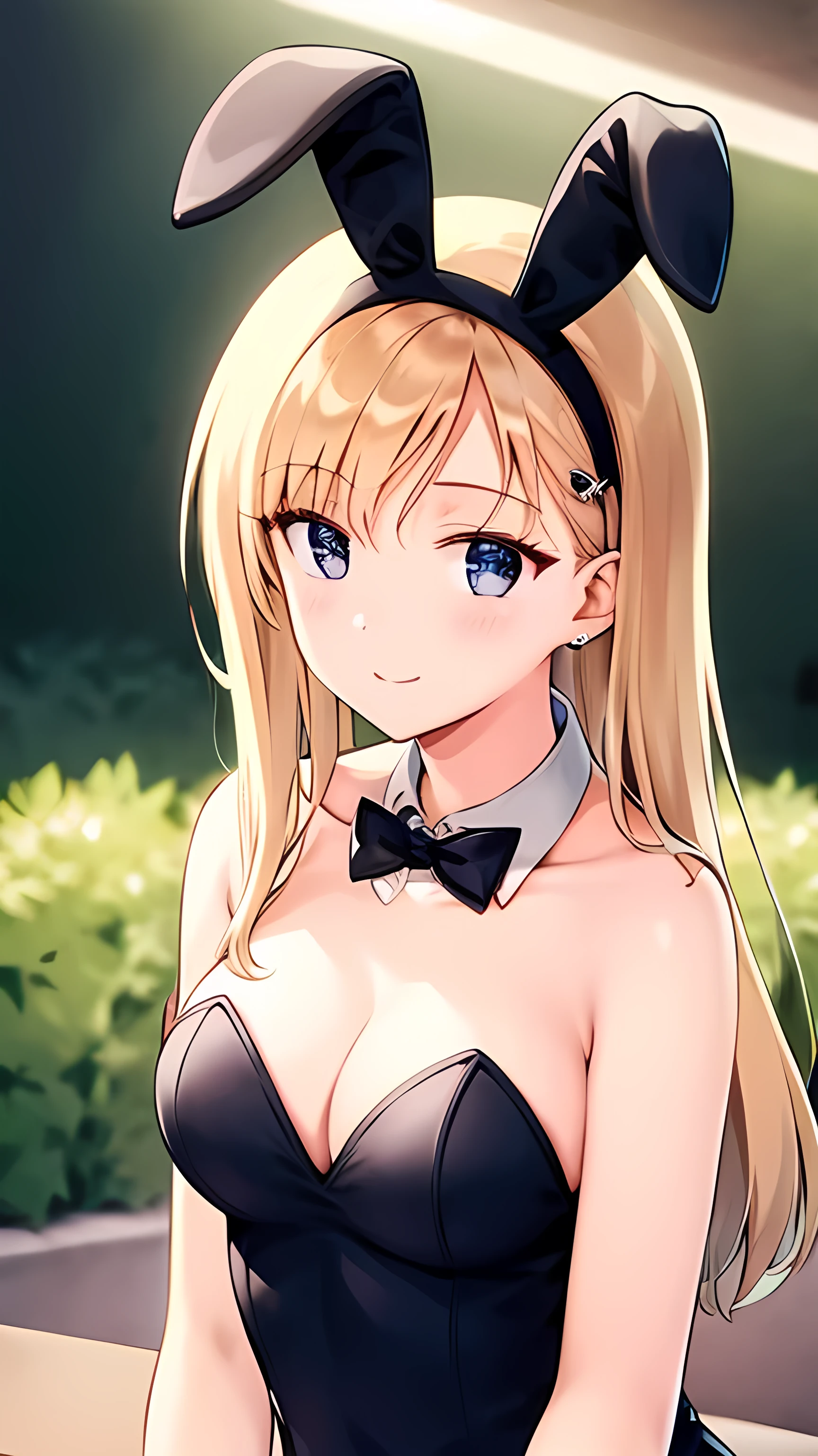(masterpiece), best quality, expressive eyes, perfect face, 1girl, medium breast, straight hair, night club, smile, light-blonded hair, playboy bunny