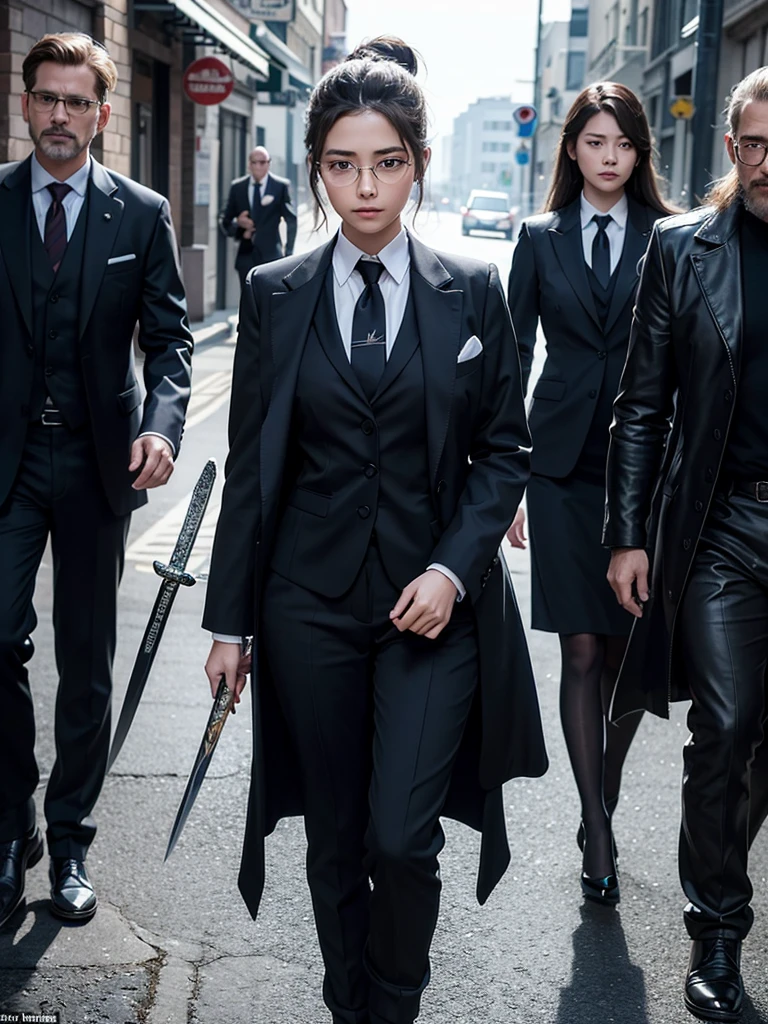 a beautiful 14 year old girl in a suit, glasses, long hair tied up, holding a sword, with 2 bodyguards, detailed face, cinematic lighting, dark fantasy, dramatic, photorealistic, 8k, intricate details