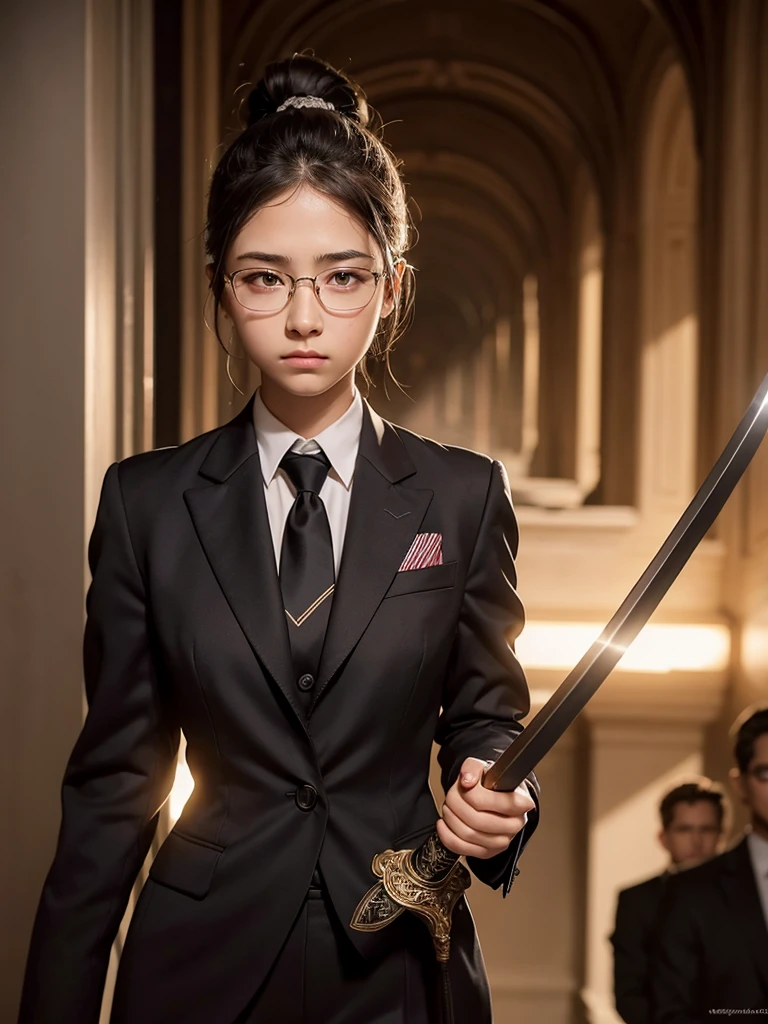 a beautiful 14 year old girl in a suit, glasses, long hair tied up, holding a sword, with 2 bodyguards, detailed face, cinematic lighting, dark fantasy, dramatic, photorealistic, 8k, intricate details