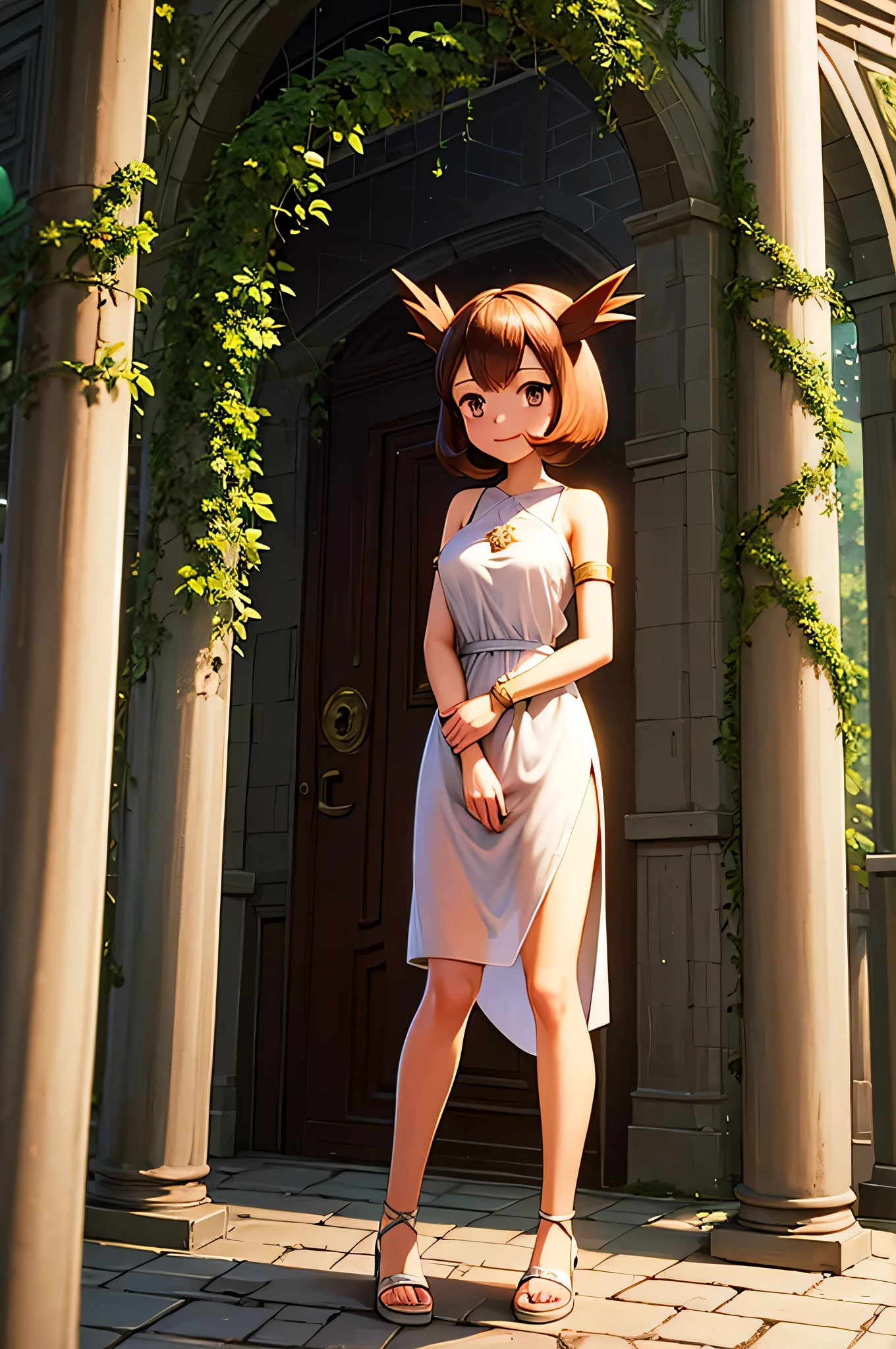 masterpiece, best quality, ultra-detailed, illustration, beautiful detailed eyes, very detailed illustration, cinematic lighting, 1 girl, solo, Pokemon Heroes (Bianca), Brown Hair, brown eyes, bare shoulders, greek clothes, peplos, armlet, see-through, arch, pillar, column, architecture, overgrown, vines, blue sky, arms behind back, smile Close up, looking at viewers, far from the bottom
