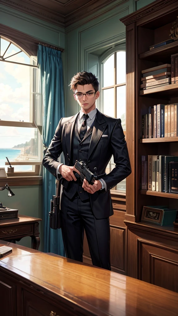 A young man in his office, wearing a black costume, smoking marllboro, with a gun next to him, a bookshelf behind him, and a window overlooking the sea.