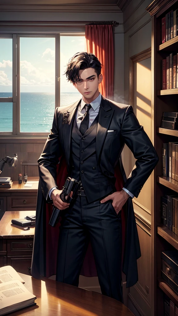 A young man in his office, wearing a black costume, smoking marllboro, with a gun next to him, a bookshelf behind him, and a window overlooking the sea.