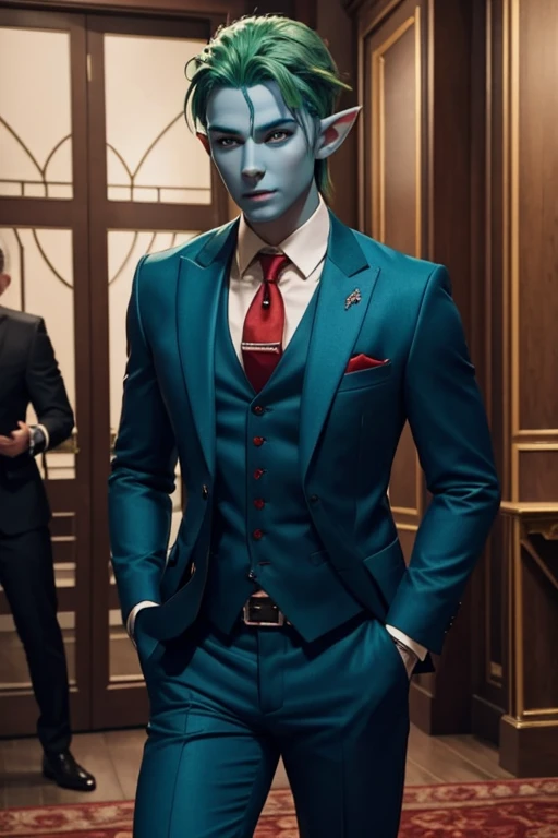 elf with blue skin and green hair, wearing a red suit and tie, black dress shoes. A party room