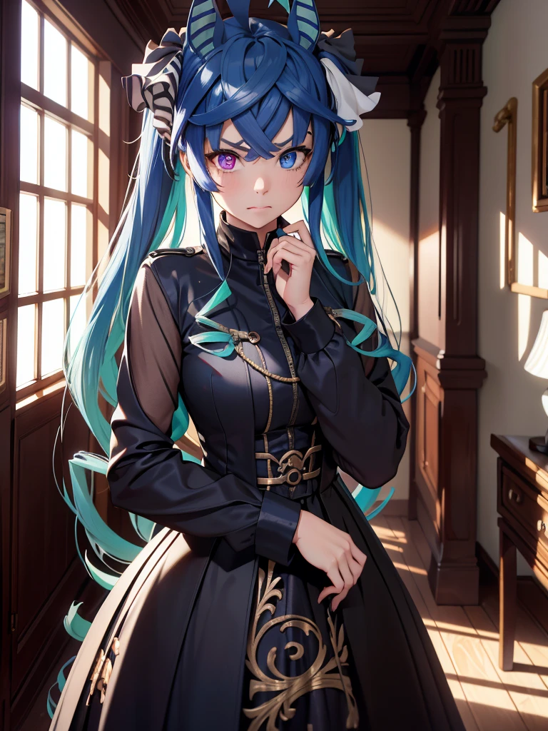 (​masterpiece、top-quality、hight resolution、Unity 8k、extremely details CG:1,Best Picture), A married woman, disheveled appearance, looking guilty and ashamed, wedding ring visible, in a bedroom, dim lighting. Twin_Turbo_Umamusume, aqua hair, twintails, heterochromia, purple eyes, blue eyes, nsfw,((adulterer))