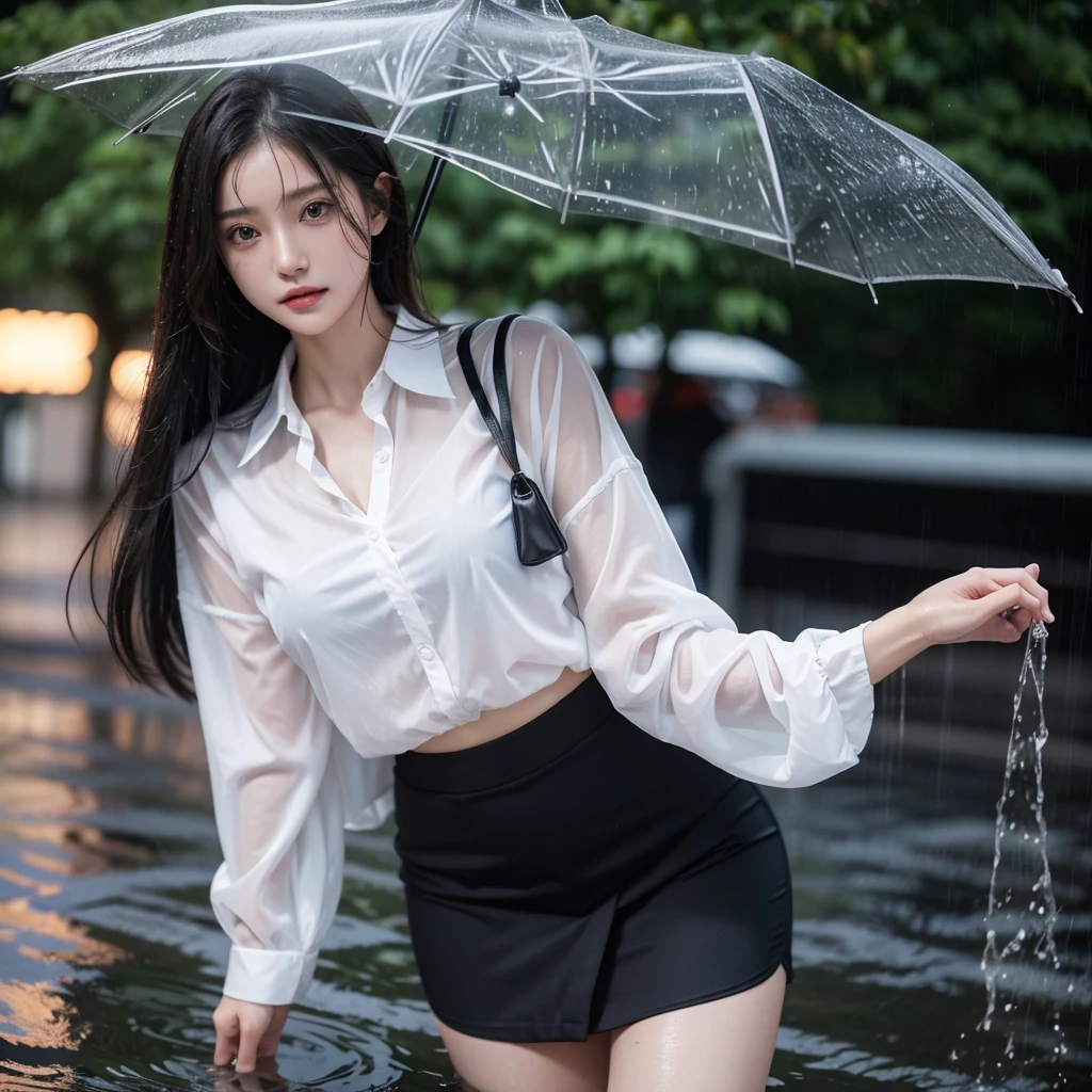 Hair getting wet in the rain、Transparent shirt、Beautiful woman getting wet in the rain、typhoon、Get wet without an umbrella、Beautiful woman in the rain、雨で濡れたBeautyOL、Detailed face、Realistic、beautiful girl、Beauty、Office Lady Uniform、beauty、Beautiful woman、Narrow waist、Handsome woman、suit、Sexy pose、Tight skirt、雨で濡れたsuit、Wet shirt、See-through shirt、Shot in heavy rain、See-through underwear