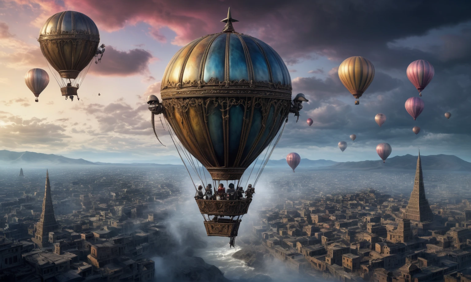 full body length shot,nerd graphite  Alien Entity,native africa slave ,azctec Finnish Lapland,Cinematic,soft colors, Technicolor,natural skin textures, hyper realism, hyper detailed,Extremely detailed,High contrast,Masterpiece,Realistic,Ultra Detailed, intricate details,realistic humid leather,extremely intricate details,Epic Realistic, cinematic style, irina yermolova,high contrast,hdr,extremely detailed, [deep night landscape],masterpiece, intricate details, eyes extremely detailed, high detailed eyes,8k resolution,retina, Nikon Z9,Korea,orc,Egypt, Pisces, transition between two art styles,full body length, Double contact, X-ray, Creative, vivid light, fantasy, Abstract, Surrealism, super detailed, high resolution,insanity national folk wear,skin  almost translucent, gothic elements,Mestichino,Light particles,chaos,starfish's leather,"(The best lighting, dark, dramatic), terror.),(fish eyes, A Modern flat toon Crazy whit a Big ONE a Only Eye Robot USSR , and helmet Style, tongs in hands, Tv head, pinhead, camouflage Yellow White Pink Rusty, Ambient in a meteorite crater super detailed, In a vibrant and mesmerizing artwork, a hot air balloon soars through the layers of clouds, revealing a colossal and enigmatic cityscape nestled within. The buildings in this ethereal city are adorned with intricate details and exude an aura of mystery. Above the cityscape, a floating moon and twinkling stars lend an enchanting touch to the scene. Inside the hot air balloon, a complex machinery structure unfolds, consisting of intertwined mechanical spirals that intricately move and transform as the balloon glides through the sky. The intricate mechanics create a sense of wonder and fascination, as if stepping into a dreamlike realm. The overall image boasts a high-quality and immersive experience