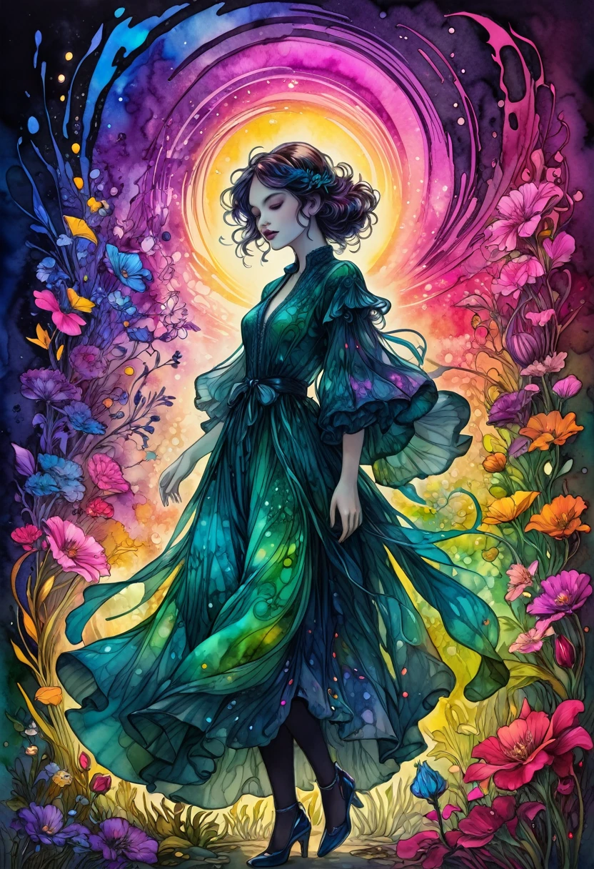 the gardens of sound made out of ral-hlgrphic,( hyperrealistic art breathtaking a lineart (vibrant alcohol ink sketch). [magnificent faetastic , , intriguing weirdness, color schemes extravaganza, mystery of darkness, unusual natural aesthetics, glossy]. sli artstyle,